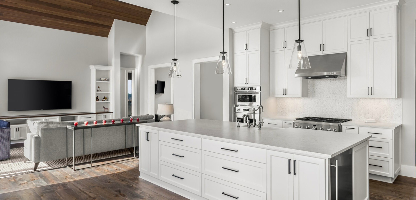 Modern white kitchen with large island