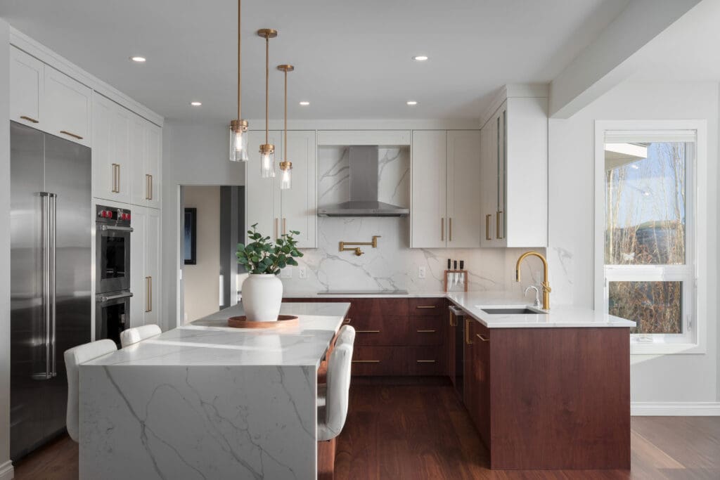 Two-tone kitchen with walnut and white cabinetry